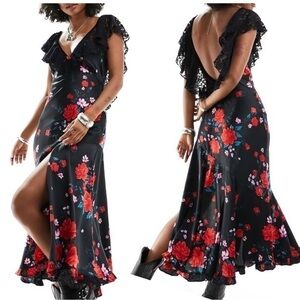 NWOT Free People rose bloom print ruffle edged midi dress in black Large